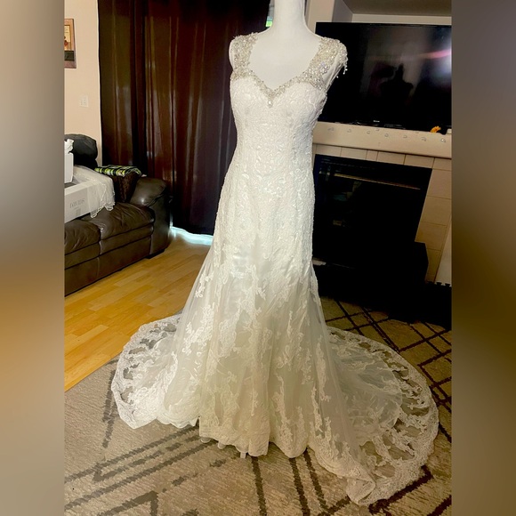 Maggie Sottero White Lace Wedding Dress and Veil  - Tag size 14, Dress size 8-10 - Picture 1 of 12